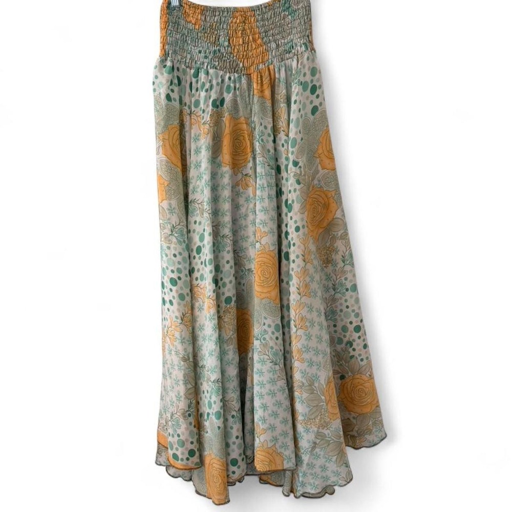 Yellow and green floral wide leg flowing pants with elastic waistband